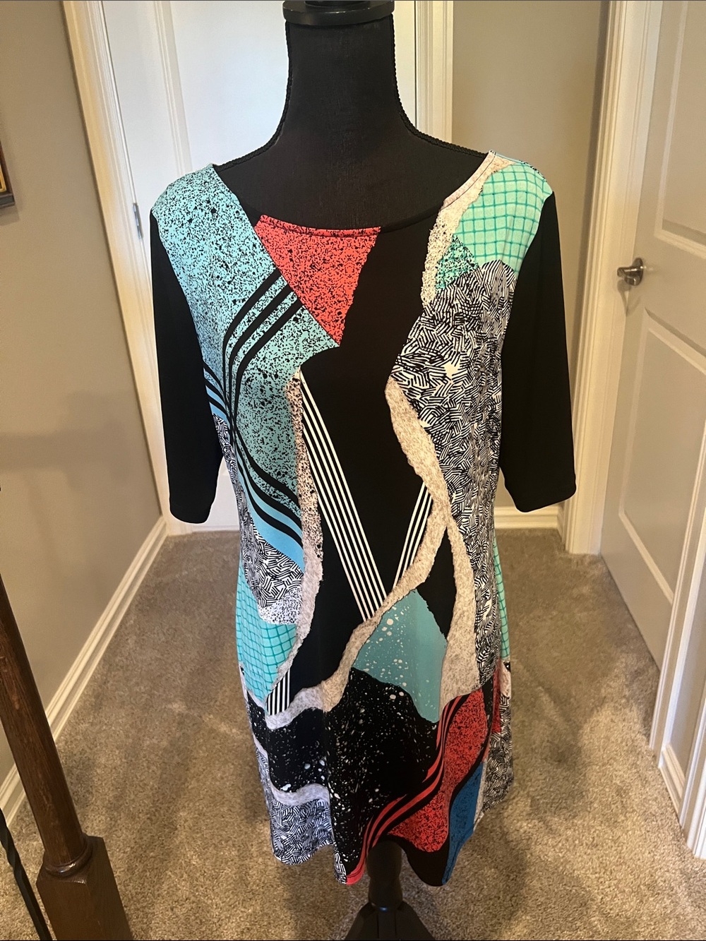 Style & Co. Black Dress with Aqua and Coral Abstract Panels